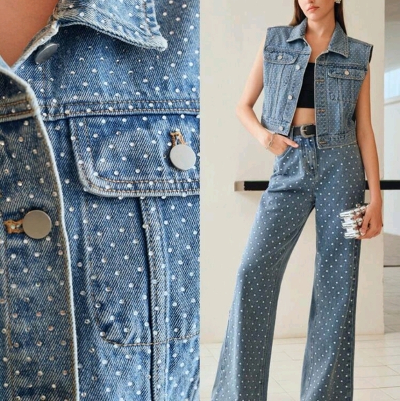 Jackets & Blazers - DENIM RHINESTONE DETAIL FLAP DETAIL VEST JACKET